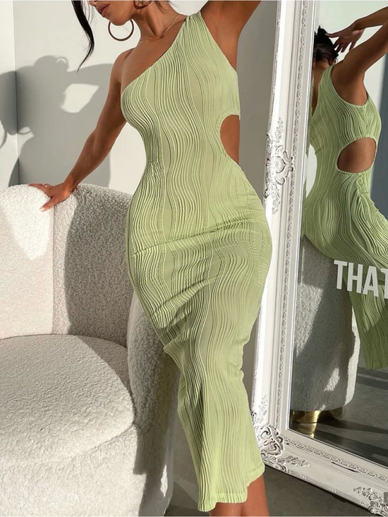 Thats So Fetch Dresses & Skirts - Asymmetrical One-Shoulder Cutout Midi Dress in Sage Green